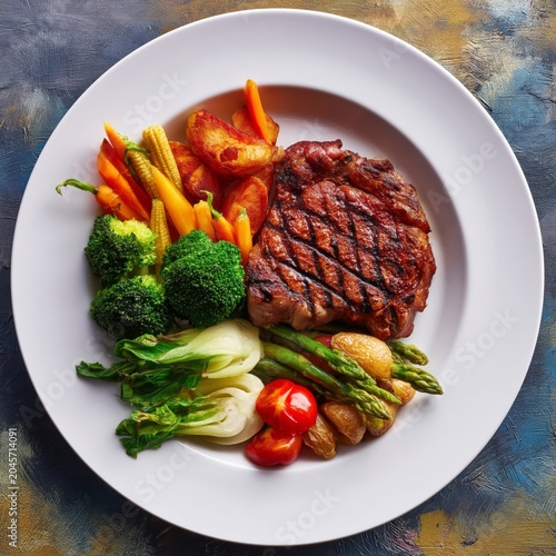Delicious Grilled Steak Served With Mixed Vegetables on a White Plate