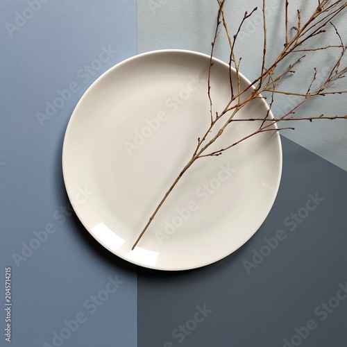 Plate With a Branch Placed on It in Front of a Colorful Background at an Art ...