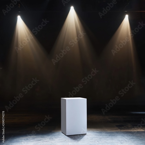 Spotlight Shines on a White Pedestal in a Dark Room at an Art Exhibit Event