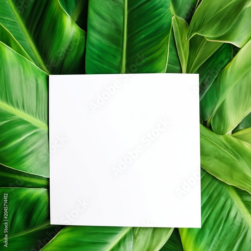 Green Leaves Surround a Blank Paper on a Green Surface for Creative Ideas and...