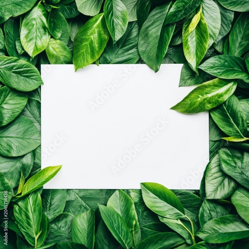 Green Leaves Surround a Blank Paper on a Green Surface for Creative Ideas and...