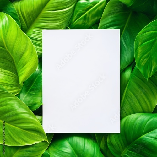 Blank Paper Surrounded by Green Leaves on a Bright Day in a Natural Setting