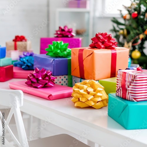 Colorful Wrapped Gifts Arranged on a Table During a Holiday Celebration With ...