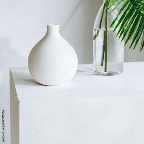Minimalist Vase and Green Plant on a White Table in a Bright Room During Daytime