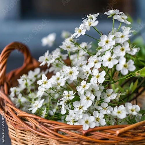 Flowers in a Wicker Basket With Bright White Blooms on a Wooden Table in Dayl...