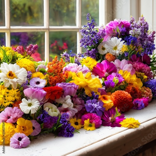 Bright Flowers in Various Colors Placed on a Window Sill During Daylight Hours