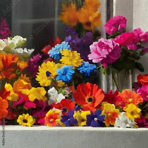 Bright Flowers in Various Colors Placed on a Window Sill During Daylight Hours