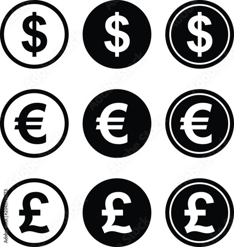 Canvastavla Dollar Euro and Pound Currency Icons Set – Financial Symbols and Money Sign Coll