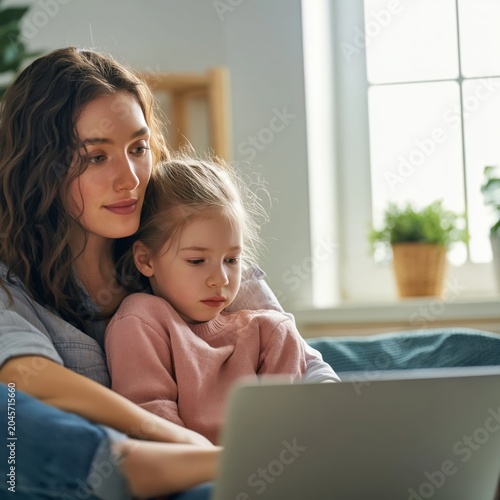 Mother and Daughter Sit Together Looking at a Laptop in a Bright Room