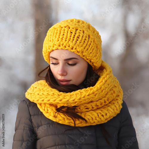 Woman in Yellow Hat and Scarf Stands in Snowy Setting During Winter Season