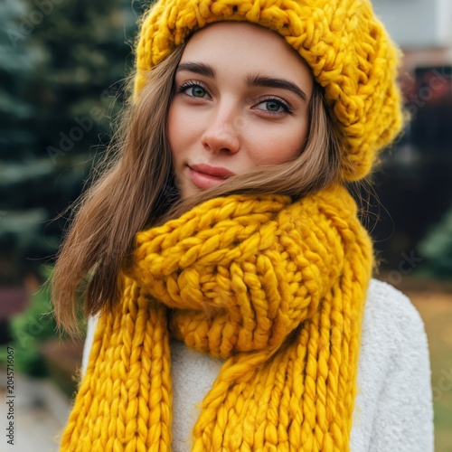 Young Woman Wearing a Yellow Knitted Hat and Scarf Stands Outdoors During a S...