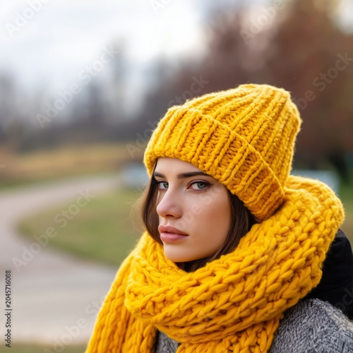 Young Woman Wearing a Yellow Knitted Hat and Scarf Stands Outdoors During a S...