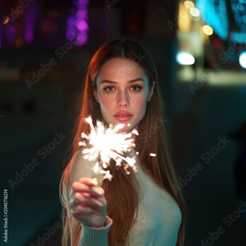 Woman Holds Sparkler at Night Celebration With Lights in Background