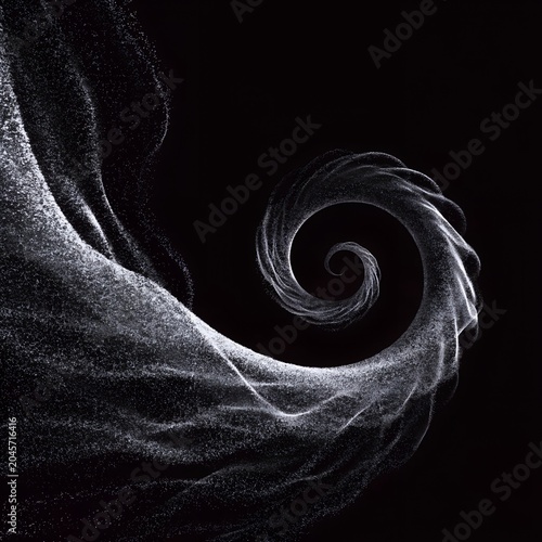 Abstract White Particle Spiral Wave on Black Background, Elegant Fractal Dust Design.