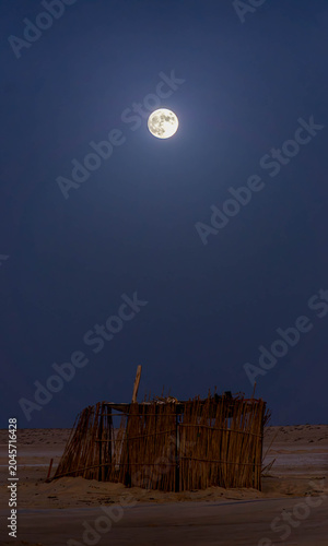 Картината върху платно Traditional woven shelter under full moon in Chad Sahara, remote nomadic camp in African desert at night