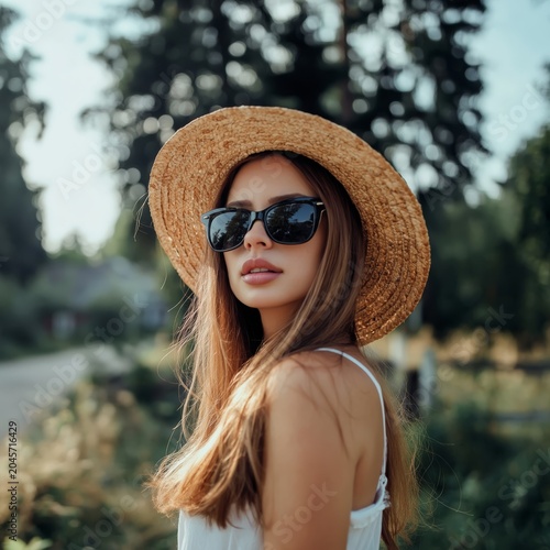 Woman Wearing Sunglasses and a Straw Hat Stands on a Sunny Road With Trees in...