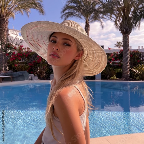 Woman Relaxes by Pool Wearing Wide-Brimmed Hat in Sunny Outdoor Setting With ...