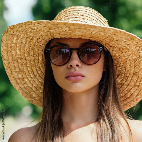 Woman Wearing Sunglasses and a Straw Hat Stands on a Sunny Road With Trees in...