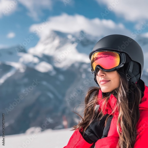 Skiing Woman on Snowy Mountain During Bright Winter Day With Cloudy Sky