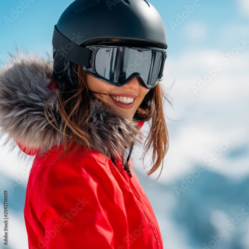 Skiing Woman on Snowy Mountain During Bright Winter Day With Cloudy Sky