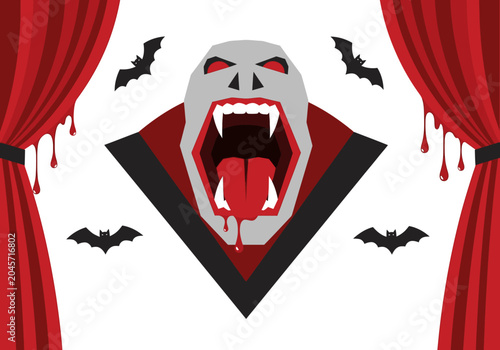 Tableau sur toile Minimalist Vampire Vector Illustration with Bloody Fangs and Theater Curtains