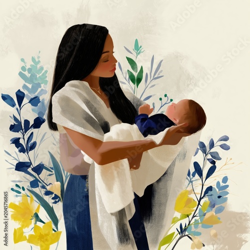 Mother Holding Baby Surrounded by Flowers on a Light Background in a Simple A...
