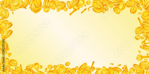 American dollar coins falling. Scattered gold USD coins. USA money. Jackpot wealth or success concept. Wide vector illustration.