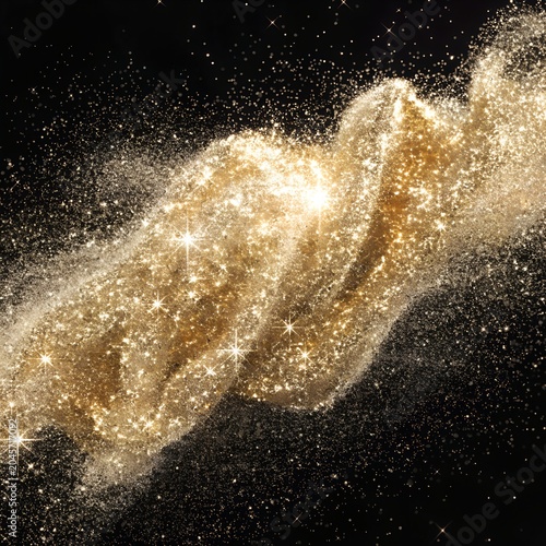 Golden Powder Explosion Cloud Isolated on Black Background, Abstract Dust Burst Effect.