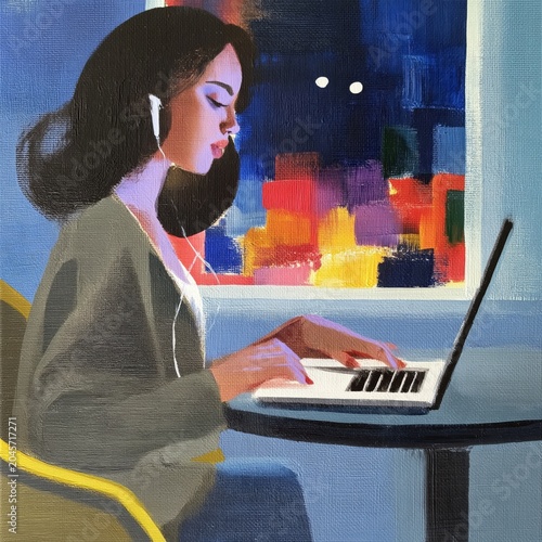 Young Woman Working on Laptop at a Table With Colorful Lights Outside During ...