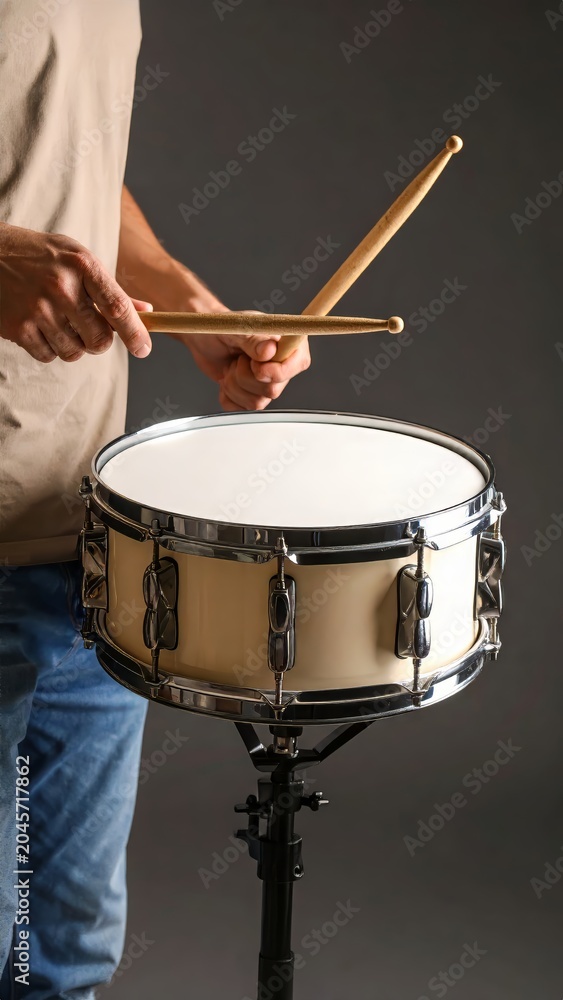 Obraz premium Close-up of a person playing a snare drum with drumsticks on a gray backdrop