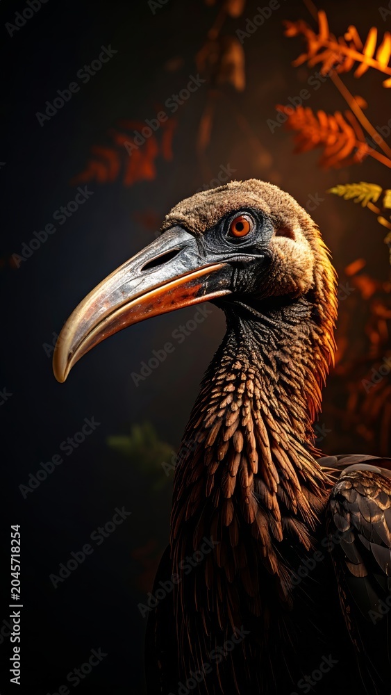 Obraz premium Enigmatic Portrait of a Hadada Ibis against a Dark Botanical Backdrop