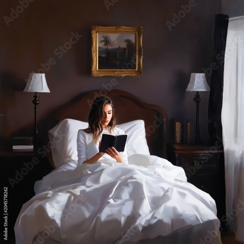 Reading a Book in Bed on a Quiet Morning With Soft Light Coming Through the W...
