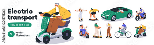 Electric transport set. People ride, drive eco-friendly green vehicles- car, ...