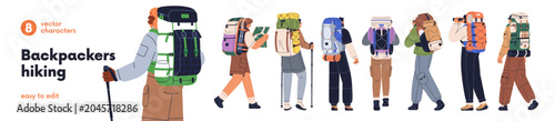 Backpackers, tourists hiking set. Active men and women hikers standing, walki...