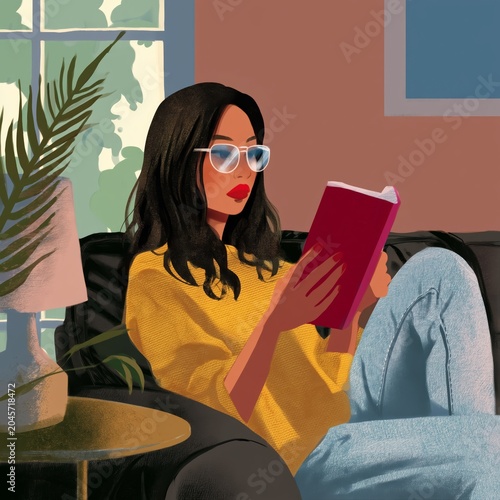 Woman Reading a Book on a Sofa in a Bright Living Room During Daylight Hours