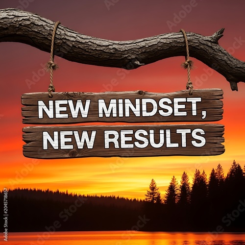 Wooden sign with new mindset new results text on tree branch over lake at sunset