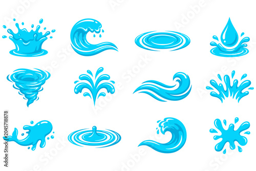 A vibrant collection of stylized water splashes, waves, and droplets, illustrating the dynamic and refreshing nature of water in various artistic forms and movements