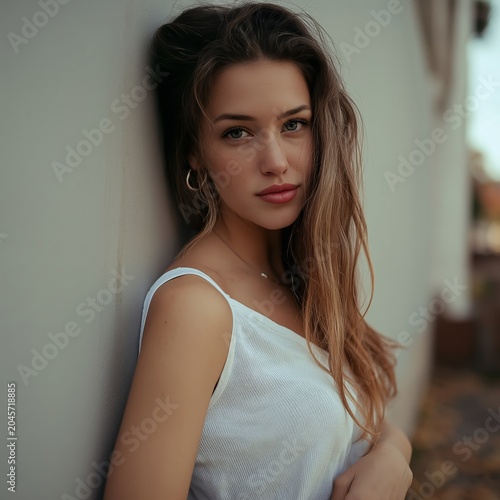Young Woman Leans Against Wall Wearing a Light Top and Looking at the Camera ...