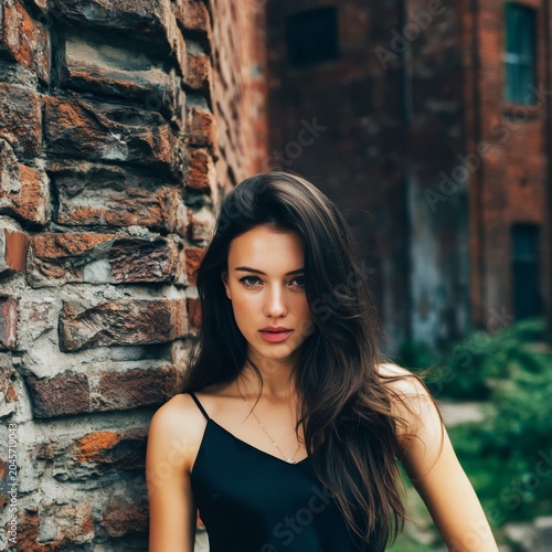 Woman in White Shirt Stands Against Brick Wall in Indoor Location During Even...