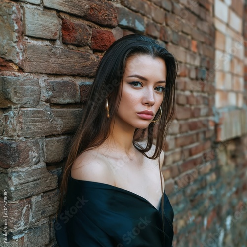 Woman in White Shirt Stands Against Brick Wall in Indoor Location During Even...
