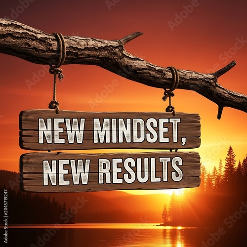 Wooden sign with new mindset new results text on tree branch at sunset