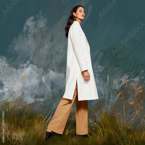 Model Wears White Coat and Brown Pants in Forest During Autumn With Colorful ...