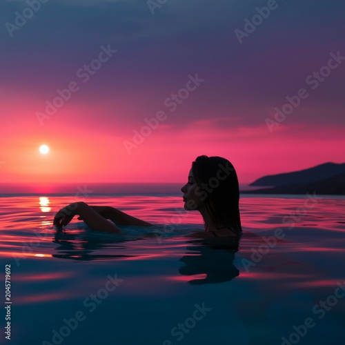 Person Enjoys Sunset While Relaxing in Pool by the Water