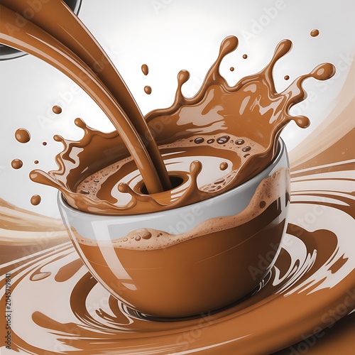 Chocolate milk pouring into a white ceramic cup  brown liquid splashing