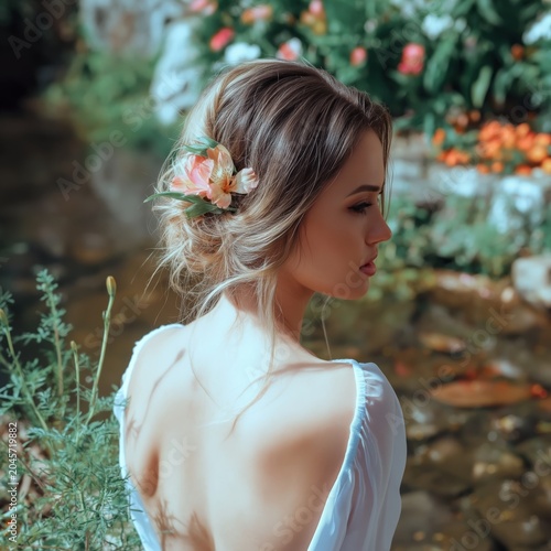 Young Woman With Flowers in Hair Sits Near the Water in a Garden