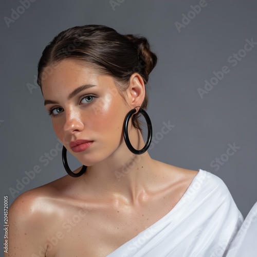 Model Poses Outdoors in Bright Sunlight With Large Hoop Earrings and Curly Hair
