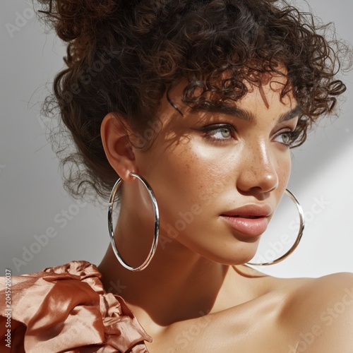 Model Poses With Hoop Earrings and a Silk Top in a Sunlight-Filled Space Duri...