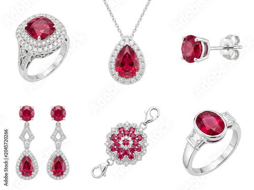Canvastavla Luxurious ruby and diamond jewelry set with elegant rings, dazzling earrings, stunning necklace, and delicate bracelet