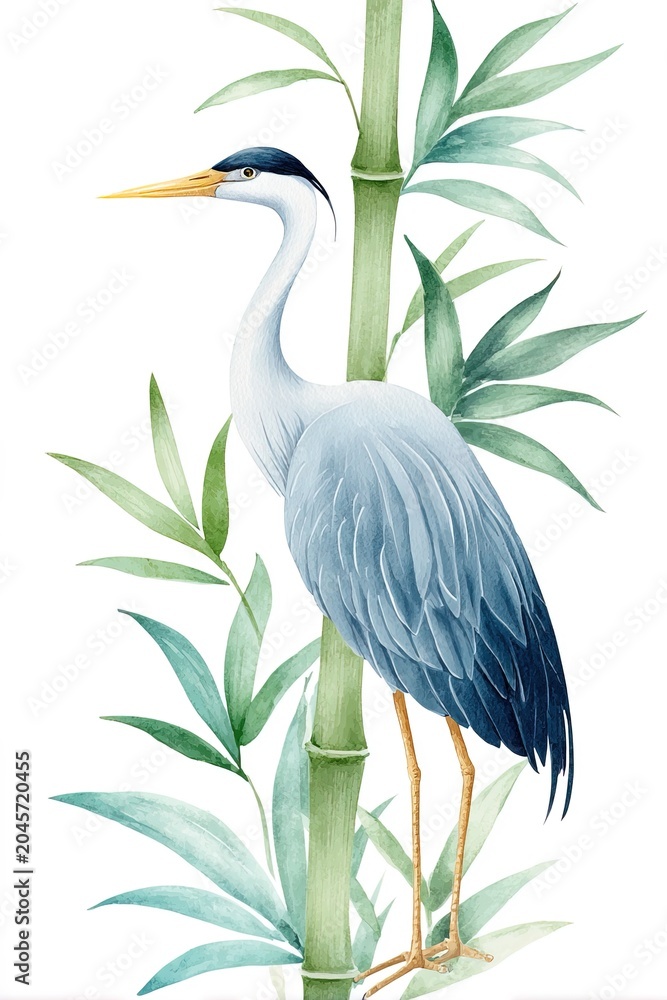 Fototapeta premium Vertical watercolor illustration crane bird with bamboo stalk, isolated on white background. Perfect for greeting cards, stationery, posters, concept of peace, harmony, nature inspired design