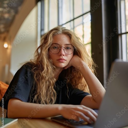 Woman Working on a Laptop in a Coffee Shop in the Evening With Plants in the ...